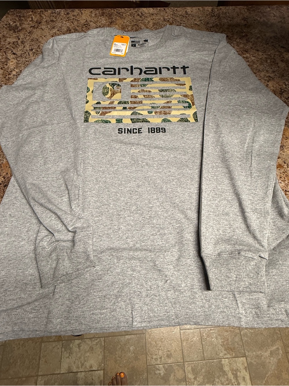 Carhartt Gray Long-Sleeve Tee with Camo Block Logo